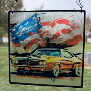 Vintage Car and American Flag Sublimated Glass Sun Catcher